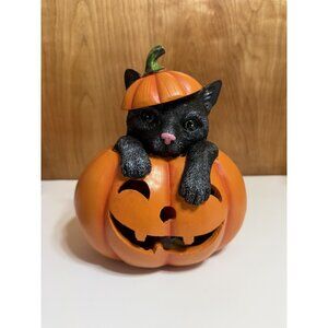 9” Halloween LIGHT UP Black Cat Sitting in Jack O Lantern Pumpkin Figurine Decor